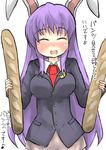  ^_^ animal_ears baguette blazer bread breasts bunny_ears closed_eyes commentary_request food gaoo_(frpjx283) highres jacket necktie pun purple_hair reisen_udongein_inaba skirt solo touhou translated 