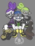  bandana bandana_over_mouth blue_hair covered_mouth dark_skin dark_skinned_male domino_mask goggle-kun_(splatoon) goggles green_hair grey_background inkling jacket leather leather_jacket looking_at_viewer male_focus mask multiple_boys pointy_ears purple_hair rider-kun_(splatoon) shoes simple_background skull-kun_(splatoon) smile sneakers splatoon_(manga) splatoon_(series) topknot 