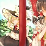  apron blonde_hair blurry blush bow braid brown_hair closed_eyes depth_of_field detached_sleeves frilled_shirt_collar frilled_skirt frills hair_bow hair_ribbon hair_tubes hakurei_reimu hand_on_headwear hat kirisame_marisa kosencha large_bow long_hair multiple_girls puffy_short_sleeves puffy_sleeves ribbon ribbon-trimmed_sleeves ribbon_trim short_sleeves shy side_braid single_braid skirt touhou waist_apron wide_sleeves witch_hat yellow_eyes yuri 