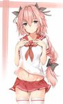  astolfo_(fate) black_ribbon braid closed_mouth commentary cowboy_shot crossdressing eyebrows_visible_through_hair fang fate/apocrypha fate/grand_order fate_(series) hair_between_eyes hair_ribbon hands_on_own_chest highres legs_apart long_hair looking_at_viewer male_focus midriff miniskirt navel neckerchief otoko_no_ko pink_eyes pink_hair pleated_skirt red_neckwear red_skirt ribbon school_uniform serafuku shirt silver_(chenwen) single_braid skindentation skirt sleeve_cuffs solo standing thighhighs white_background white_shirt 