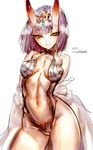  2017 bare_shoulders breasts eyebrows_visible_through_hair fate/grand_order fate_(series) horns looking_at_viewer medium_breasts navel oni purple_eyes purple_hair revealing_clothes rondo_bell short_hair shuten_douji_(fate/grand_order) simple_background smile solo thick_eyebrows thighs white_background 