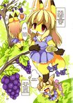  black_fur blonde_hair canine clothed clothing dress english_text female food fox fruit fur grapes hair hungry japanese_text mammal one_eye_closed open_mouth pink_eyes sirokoma solo speech_bubble text tree white_fur yellow_fur 