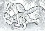  anal anal_penetration bikini black_and_white clothed clothed_sex clothing crocodile crocodilian dinosaur drooling male male/male monochrome penetration reptile saliva scalie sex skawinski stegosaurus swimsuit 