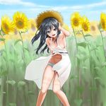  asashio_(kantai_collection) black_hair blue_eyes breasts dress extended_upskirt flower hat highres jewelry kantai_collection kuronaga long_hair looking_at_viewer medium_breasts navel open_mouth panties ring sideboob solo straw_hat sundress sunflower tan tanline underwear upskirt wedding_band white_dress white_panties wind wind_lift 