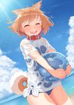  :d animal_ear_fluff animal_ears ball bangs beach beachball blue_sky breasts brown_hair closed_eyes cloud collar commentary_request cowboy_shot day dog_ears dog_tail eyebrows_visible_through_hair facing_viewer fang highres holding holding_ball medium_breasts open_mouth original outdoors red_collar school_swimsuit see-through shaking_head shirt short_hair sky smile solo standing swimsuit swimsuit_under_clothes tachimi_(basue) tail tied_shirt transparent water_drop wet wet_clothes wet_shirt white_shirt 