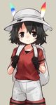  backpack bag black_eyes black_gloves black_hair clenched_hands cowboy_shot gloves hat hat_feather helmet highres kaban_(kemono_friends) kemono_friends looking_at_viewer mikan_(ama_no_hakoniwa) pith_helmet red_shirt scratches shirt short_hair shorts simple_background sketch smile solo 