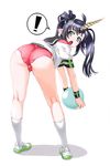  1girl ass beelzebub_(the_seven_deadly_sins) bent_over black_hair demon_girl full_body green_eyes gym_shorts gym_uniform horn kneepits loli long_hair looking_back monster_girl nishii_(nitroplus) official_art open_mouth pointy_ears socks the_seven_deadly_sins twintails white_background 