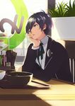  ai-wa black_hair blue_hair bowl chair chin_rest chopsticks elbows_on_table grey_eyes highres looking_to_the_side open_mouth persona persona_3 persona_3_portable restaurant sitting uniform window yuuki_makoto 