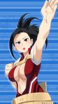  :o absurdres armpits artist_name bangs belt beltskirt black_eyes black_hair blue_background blush boku_no_hero_academia breasts center_opening cleavage clenched_hand drop_shadow fighting_stance foreshortening gaston18 halterneck hand_up high_ponytail highres hips horizontal_stripes large_breasts leotard looking_at_viewer medium_hair navel open_mouth outstretched_arm ponytail red_leotard serious solo standing striped striped_background turtleneck upper_body upper_teeth v-shaped_eyebrows wide_ponytail yaoyorozu_momo 