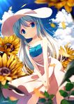  bad_leg bangs bare_arms bare_shoulders blue_eyes blue_hair blurry blush chinomaron cloud collarbone dated day depth_of_field dress eyebrows_visible_through_hair flower gochuumon_wa_usagi_desu_ka? hair_ornament hat highres kafuu_chino long_hair looking_at_viewer signature sleeveless sleeveless_dress smile solo sun_hat sunflower sunlight v_arms x_hair_ornament 