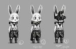  2017 anthro cape clothed clothing cybernetics cyborg eyewear goggles grey_background greyscale lagomorph machine male mammal monochrome panzery25 rabbit signature simple_background standing topless 