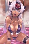  ahoge bare_shoulders bathroom bikini black_bikini blue_eyes blue_hair blush breasts cleavage collarbone cyborg dark_skin gloves headgear highres hijiri large_breasts leg_garter long_hair looking_at_viewer navel open_mouth shiny shiny_clothes shiny_skin silver_hair solo swimsuit t-elos tongue tongue_out wrist_cuffs xenosaga 