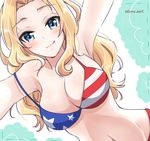  american_flag_bikini bikini blonde_hair blue_eyes blush breasts cleavage commentary_request flag_print from_below girls_und_panzer groin hinase_(twoxout) kay_(girls_und_panzer) large_breasts licking_lips long_hair navel smile solo strap_slip swimsuit tongue tongue_out twitter_username 