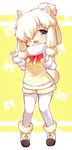  :d alpaca_ears alpaca_suri_(kemono_friends) alpaca_tail animal_ears blonde_hair boots chibi full_body fur-trimmed_boots fur-trimmed_sleeves fur_collar fur_trim grey_eyes hair_over_one_eye horizontal_pupils japari_symbol kemono_friends long_sleeves looking_at_viewer mikan_(ama_no_hakoniwa) open_mouth short_hair sidelocks simple_background smile solo tail white_legwear 