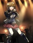  blue_eyes blush boots brown_hair commentary_request engrish flying_sweatdrops idolmaster idolmaster_cinderella_girls jacket leather leather_jacket microphone music open_mouth pantyhose plaid plaid_skirt ranguage short_hair singing skirt solo somechime_(sometime1209) tada_riina twitter_username 