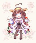  ahoge black_legwear blue_eyes blush brown_hair chibi cup double_bun eyebrows_visible_through_hair hairband heart holding holding_plate kantai_collection kongou_(kantai_collection) long_hair looking_at_viewer nanoha-h open_mouth plate smile solo tea_kettle teacup thighhighs twitter_username 