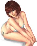  bangs bikini blush bob_cut breasts brown_hair cleavage collarbone covered_nipples curvy eyelashes grey_bikini grey_eyes hands_on_own_knees head_tilt highres invisible_chair large_breasts leaning_forward legs_together lipstick looking_at_viewer lupin_iii makeup mine_fujiko orange_lipstick outstretched_arms parted_lips shiny shiny_skin short_hair side-tie_bikini simple_background sitting smile solo strap_gap string_bikini swimsuit teeth toten_(der_fuhrer) white_background 