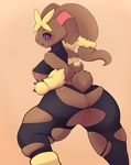  1girl absurdres animal_ears anus ass black_legwear black_sclera blush breasts brown_background bunny_ears bunny_tail claws clitoris from_behind furry large_breasts legs_apart looking_back lopunny mega_lopunny mega_pokemon nipple_slip nipples no_humans open_mouth pantyhose pinkcappachino pokemon pokemon_(creature) pokemon_dppt purple_eyes pussy simple_background sleeveless sleeveless_shirt solo sports_bra standing tail teeth tongue torn_clothes torn_pantyhose uncensored underboob 