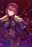  blurry bodysuit breasts commentary_request covered_navel depth_of_field dual_wielding fate/grand_order fate_(series) gae_bolg highres holding holding_weapon large_breasts long_hair pauldrons petals polearm purple_bodysuit purple_hair ranyu red_eyes scathach_(fate)_(all) scathach_(fate/grand_order) solo spear weapon 
