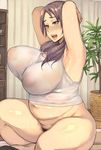 1girl armpits belly blush bouncing_breasts breasts brown_eyes brown_hair covered_nipples fat hetero large_breasts long_hair navel original pepe_(jonasan) plump pubic_hair puffy_nipples sex solo_focus sweat thick_thighs thighs 