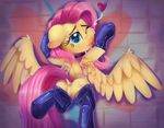  &lt;3 2017 against_wall butt clothing cutie_mark dock equine feathered_wings feathers featureless_crotch female fluttershy_(mlp) friendship_is_magic hair hi_res legwear mammal my_little_pony one_eye_closed pegasus pink_hair smile solo thediscorded tongue tongue_out wings 