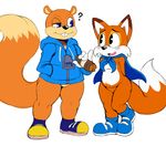  2017 ? anthro black_eyes black_nose blue_eyes buckteeth canine cape cigar clothing conker conker&#039;s_bad_fur_day crossover dipstick_tail duo footwear fox hands_behind_back hi_res holding_object jacket lucky&#039;s_tale lucky_the_fox male mammal multicolored_tail open_mouth rodent shoes simple_background squirrel sssonic2 teeth video_games white_background 