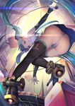  abstract_background aqua_eyes aqua_hair ass backlighting bangle bare_shoulders black_legwear blurry bracelet cable commentary_request depth_of_field detached_sleeves floating_hair from_below full_body hair_ornament hatsune_miku headset holding holding_microphone jewelry knees_together_feet_apart leaning_forward long_hair looking_at_viewer looking_down mechanical_boots microphone miniskirt necktie number outstretched_arms panties parted_lips shoe_soles skirt sleeves_past_wrists solo thighhighs twintails underwear upskirt very_long_hair vocaloid white_panties xiaosan_ye 