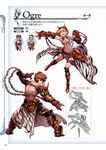  1girl animal_print armor armored_boots back bikini blonde_hair boots brown_eyes brown_hair chain chibi circlet clenched_hand djeeta_(granblue_fantasy) fake_horns fighting_stance from_behind front-tie_bikini front-tie_top full_body gauntlets gran_(granblue_fantasy) granblue_fantasy hairband highres horns legs_apart lineart looking_afar minaba_hideo multiple_views nagatekkou navel non-web_source official_art ogre_(granblue_fantasy) open_mouth scan shirtless short_hair side_slit simple_background swimsuit thigh_strap zebra_print 