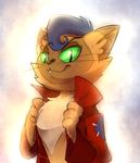  2017 anthro blue_hair capper_(mlp) cat clothed clothing coat digital_drawing_(artwork) digital_media_(artwork) feline fur green_eyes hair looking_at_viewer male mammal my_little_pony my_little_pony_the_movie red_clothing red_coat simple_background smile solo thegreatrogue whiskers 