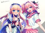  1other androgynous astolfo_(fate) blonde_hair blue_eyes blush braid chevalier_d'eon_(fate/grand_order) fate/apocrypha fate/grand_order fate_(series) hair_ribbon long_hair maid maid_headdress midriff ofstan open_mouth otoko_no_ko pink_hair purple_eyes red_sailor_collar red_skirt ribbon sailor_collar school_uniform serafuku single_braid skirt smile 