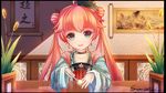  blue_eyes blush dated double_bun eyebrows_visible_through_hair holding holding_spoon long_hair looking_at_viewer parted_lips pink_hair signature sitting smile snow_(676528662) solo spoon table taihou_(zhan_jian_shao_nyu) twintails zhan_jian_shao_nyu 