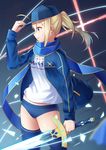  aqua_eyes arm_up artoria_pendragon_(all) baseball_cap blonde_hair blue_buruma blue_hat blue_jacket blue_legwear blue_scarf buruma commentary_request fate/grand_order fate_(series) from_side glowing glowing_sword glowing_weapon gym_uniform hair_between_eyes hand_on_headwear hat highres himitsucalibur holding holding_sword holding_weapon jacket ji_dao_ji long_hair looking_away mysterious_heroine_x name_tag open_clothes open_jacket open_mouth open_track_jacket ponytail scarf shirt sidelocks solo standing sword t-shirt thighhighs track_jacket weapon white_shirt wind 