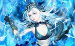  arrow ashe_(league_of_legends) blue_eyes bow_(weapon) breasts cleavage gloves highres hood league_of_legends lips long_hair medium_breasts parted_lips qidai sash shoulder_pads solo water weapon white_hair 