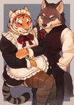  ambiguous_gender blush canine clothing crossed_arms duo embarrassed feline korosuke legwear maid_uniform male mammal sitting suit thigh_highs tiger uniform wolf 