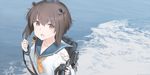  astg brown_eyes brown_hair collarbone kantai_collection long_sleeves looking_at_viewer neckerchief parted_lips short_hair solo speaking_tube_headset teeth torn_clothes upper_body yellow_neckwear yukikaze_(kantai_collection) 