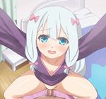  1boy 1girl animated animated_gif aqua_eyes bed bedroom blush bottomless clothed_female_nude_male clothed_sex cowgirl_position eromanga_sensei girl_on_top happy_sex hetero indoors izumi_sagiri long_sleeves looking_at_viewer no_panties outstretched_arms pov sex shirt silver_hair smile vaginal 