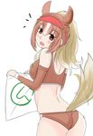  absurdres animal_ears ass back bare_shoulders blonde_hair blush bridle brown_eyes brown_hair brown_sports_bra buruma chestnut_thoroughbred_(kemono_friends) commentary_request cowboy_shot free_chess from_behind highres horse_ears horse_girl horse_tail japan_racing_association kemono_friends logo multicolored_hair open_mouth ponytail simple_background single_vertical_stripe solo sports_bra sportswear tail tail_raised white_background white_hair 