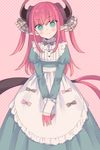  alternate_costume apron bangs blue_eyes blunt_bangs blush bow dragon_tail elizabeth_bathory_(fate) elizabeth_bathory_(fate)_(all) enmaided eyebrows_visible_through_hair fate/extra fate/extra_ccc fate_(series) frills gloves head_tilt horns karokuchitose long_hair looking_at_viewer maid pink_hair pointy_ears smile solo tail two_side_up v_arms wavy_mouth 