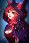  absurdres animal_ears breasts cleavage cloak eyebrows_visible_through_hair eyelashes facial_mark feathers highres hood hood_up league_of_legends light_particles long_hair looking_at_viewer medium_breasts nose_piercing paid_reward parted_lips patreon_reward piercing pink_lady_mage red_hair scar solo upper_body xayah yellow_eyes 