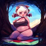  2017 anthro belly breasts cleavage clothed clothing cyancapsule emelie female hair hi_res looking_at_viewer mammal nipple_bulge pig pigtails porcine purple_eyes slightly_chubby solo tree white_hair 