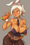  1girl battle_bunny_riven breasts bunny_ears bunnysuit carrot cleavage dark_skin highres large_breasts league_of_legends necktie pantyhose riven_(league_of_legends) solo white_hair 