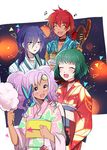  2boys 2girls blue_hair blush choker dark_skin eating eyes_closed farah_oersted green_hair japanese_clothes keele_zeibel kimono long_hair meredy multiple_boys multiple_girls purple_hair quickie red_hair rid_hershel short_hair tales_of_(series) tales_of_eternia twintails 