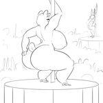  anthro bear big_breasts breasts clothing dancing female footwear greyscale group hi_res high_heels huge_breasts komponi lagomorph mammal monochrome nipples nude pole pole_dancing rabbit shoes slightly_chubby smile strip_club thick_thighs 