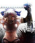  1girl abs armor bare_shoulders breasts elbow_gloves fate/grand_order fate_(series) fingerless_gloves gloves grey_hair hair_ornament midriff muscle open_mouth panties penthesilea_(fate/grand_order) red_eyes short_hair weapon 