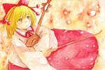  blonde_hair bow_(instrument) erhu hair_ribbon instrument ribbon satsuki_rin shiz_(#0077) short_hair skirt solo touhou traditional_media wide_sleeves yellow_eyes 