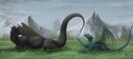  day detailed_background dragon dsw7 duo feral grass horn lying outside scalie western_dragon yellow_eyes 