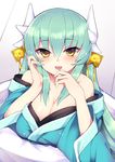  bangs blush breasts cleavage eyebrows_visible_through_hair fate/grand_order fate_(series) green_hair hair_between_eyes hand_on_own_cheek hands_up haruyuki_(yukichasoba) heart heart-shaped_pupils highres horns japanese_clothes kimono kiyohime_(fate/grand_order) large_breasts looking_at_viewer open_mouth sidelocks smile solo symbol-shaped_pupils upper_body yellow_eyes 