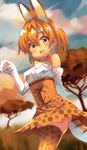  absurdres animal_ears blush bow bowtie denchu_(kazudentyu) elbow_gloves eyebrows_visible_through_hair gloves grey_eyes high-waist_skirt highres kemono_friends looking_at_viewer open_mouth orange_bow orange_hair orange_legwear orange_neckwear serval_(kemono_friends) serval_ears serval_print serval_tail short_hair skirt smile solo tail teeth thighhighs white_gloves 