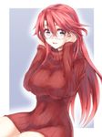  :d adjusting_eyewear aty_(summon_night) blue_eyes breasts commentary covered_nipples glasses highres large_breasts long_hair long_sleeves looking_at_viewer open_mouth red_hair red_sweater ribbed_sweater semi-rimless_eyewear silve sitting smile solo summon_night summon_night_3 sweater turtleneck 