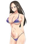  bikini black_hair blue_bikini blue_eyes breasts cameltoe collarbone covered_nipples earrings highres jewelry kagemusha large_breasts long_hair navel original simple_background solo swimsuit white_background 